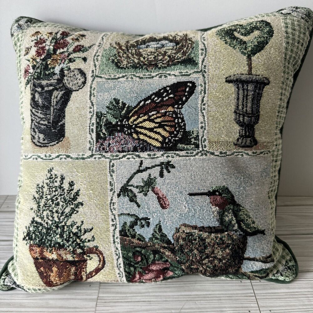 Vicky Howard Embroidered Throw Pillow 15”x15” Hummingbird Butterfly Topiary